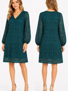 Tribal Teal Crochet Lace Shift Dress Medium Boho V Neck Bell Sleeve Swim Coverup